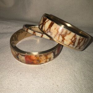 Set of 3 Vintage 1980s Brass & Silver Tone Inlaid Bone  Bracelets